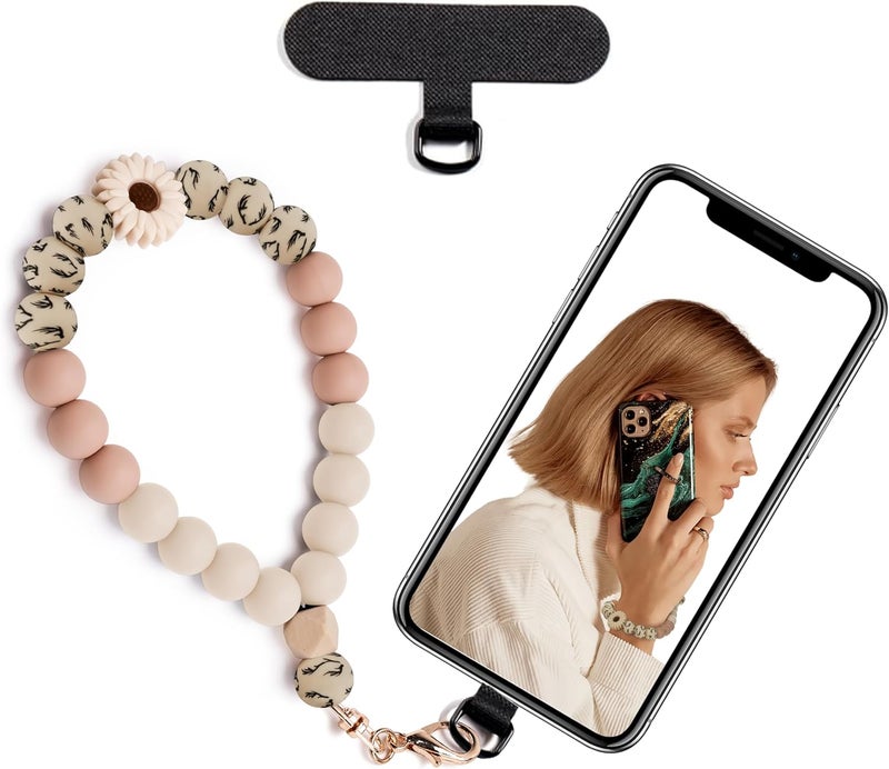 Lostars Store Silicone Beaded Phone Wrist Strap,phone bracelet strap with Tether Tab,Elastic Hands-Free wristlet strap (Khaki Daisy) - Image 1